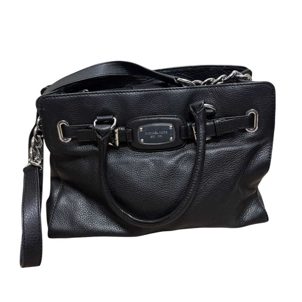 Michael Kors Hamilton leather handbag satchel purse crossbody black silver EUC